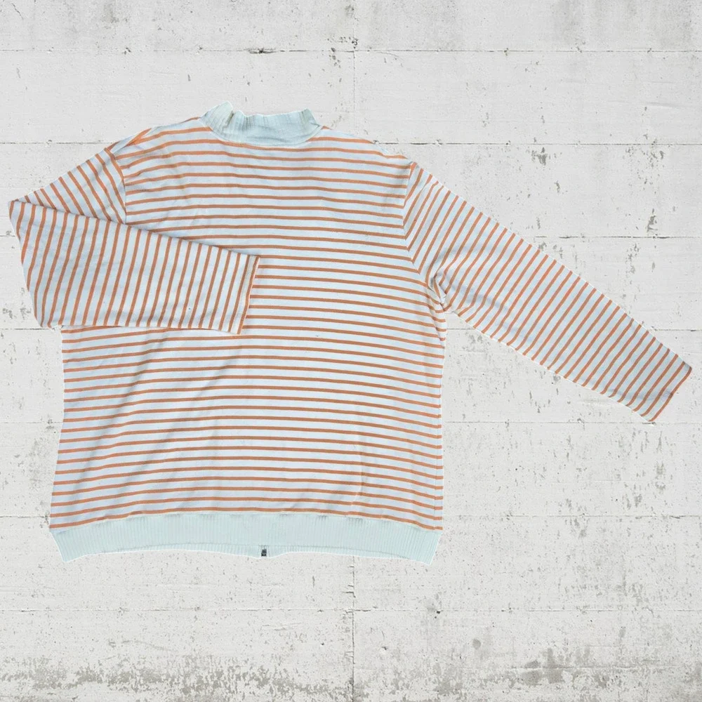 90s Vintage Talbots White Peach Orange Stripe Full Zip Mock Neck Sweater Size 1X